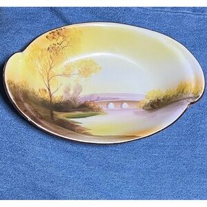 Noritake Handpainted vintage dish. Neutrals warm colors Yellow Brown Bridge